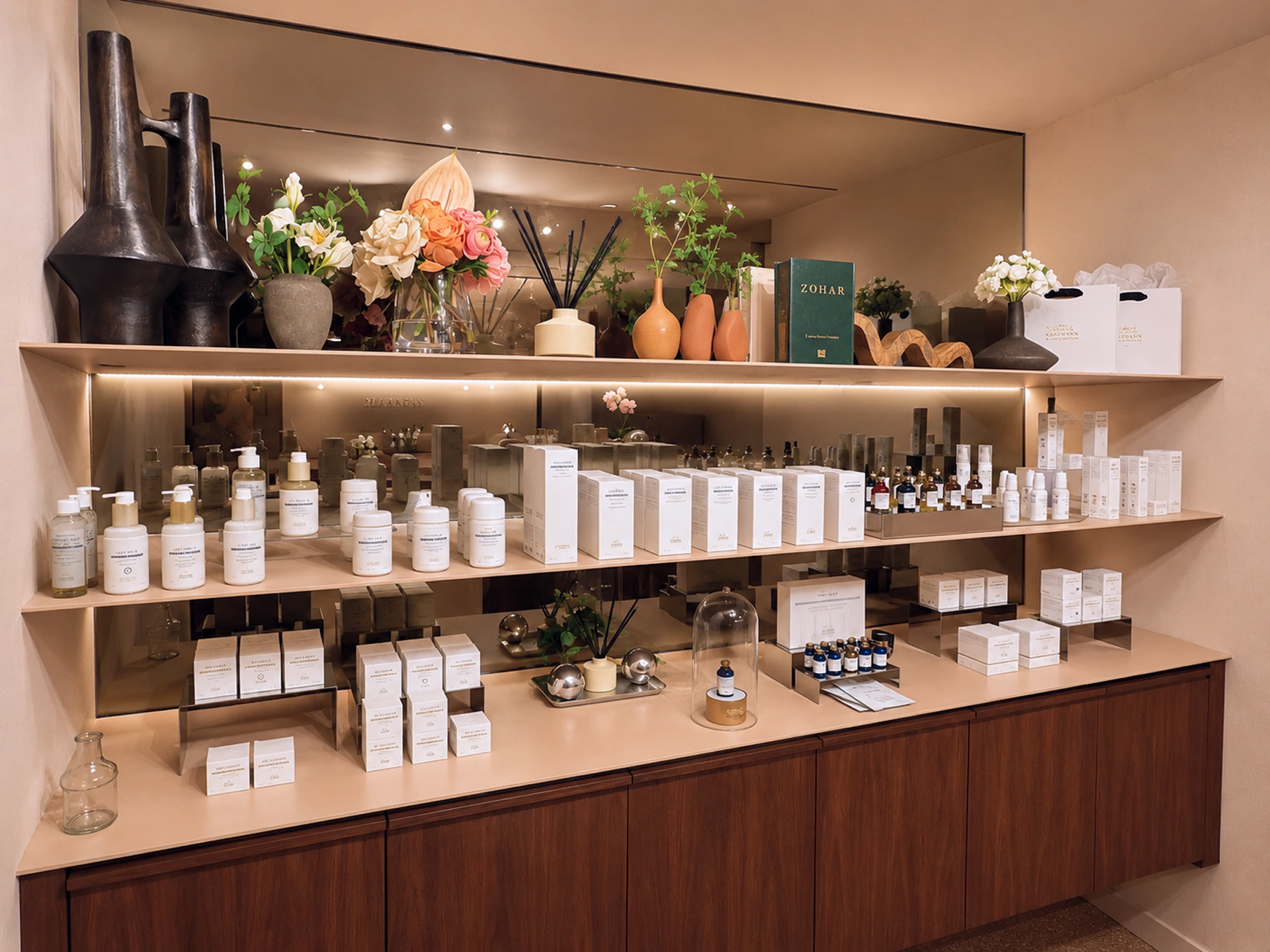 Backlit shelves of curated skincare and the ZOHAR book