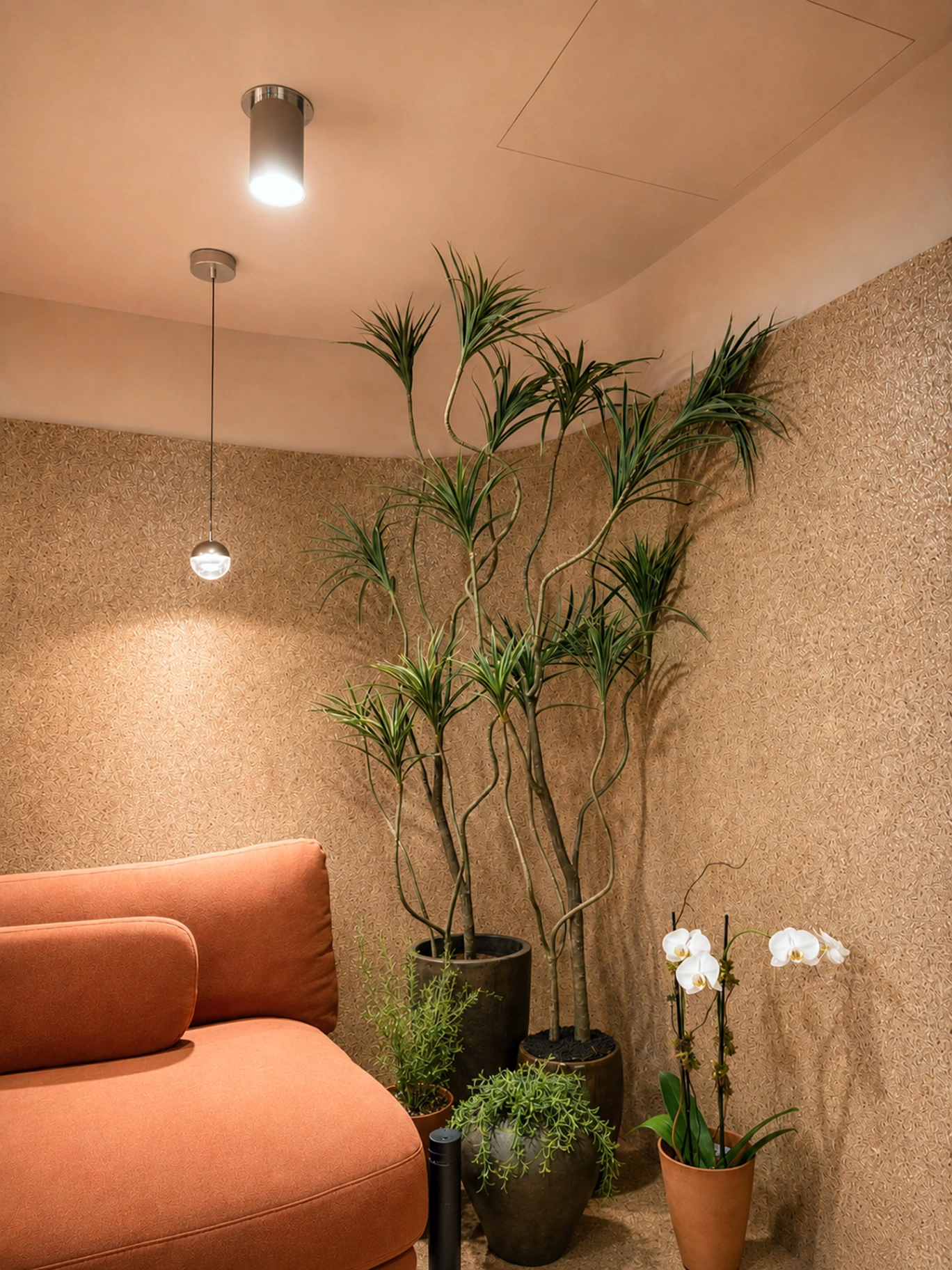Tranquil corner with coral sofa, dracaena tree and orchids at Zohar
