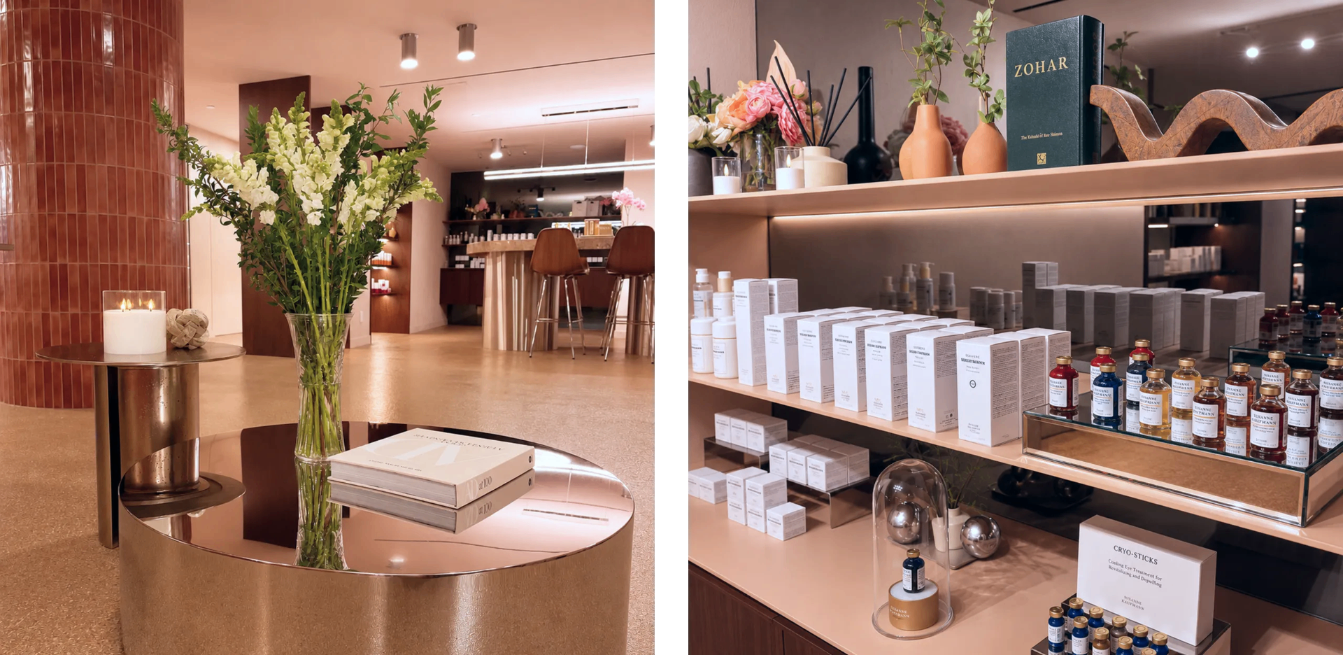 Lounge flowers on a brass table and curated skincare shelf display at Zohar