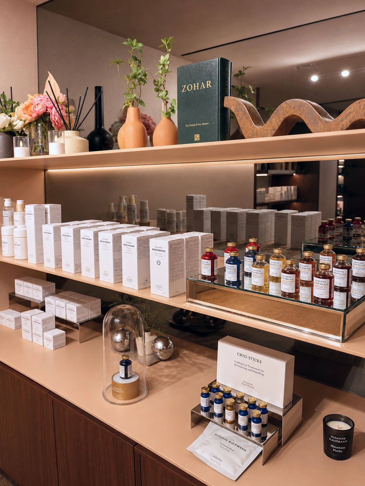 Detail of skincare display with cryo-sticks and serums