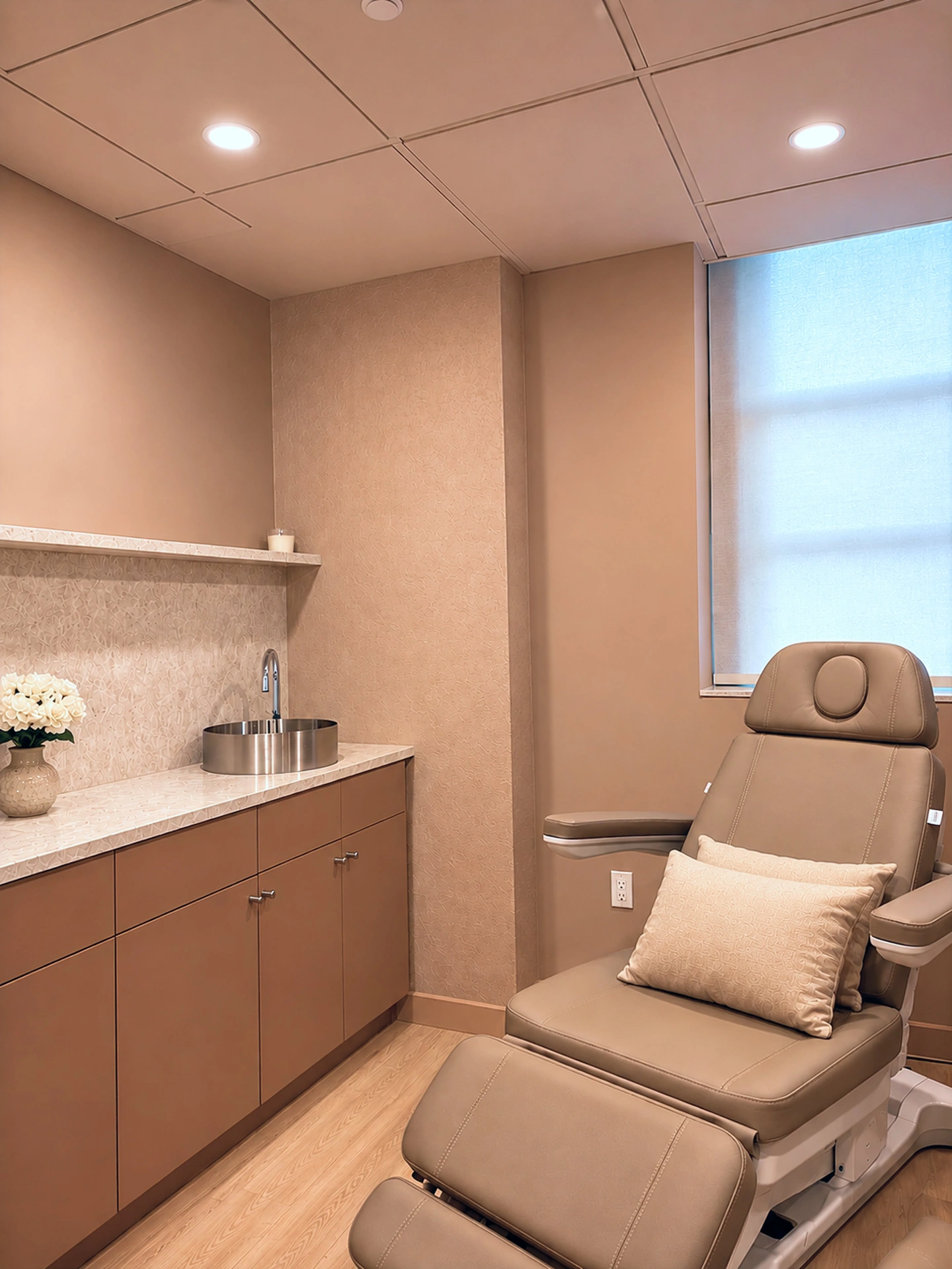 Private treatment room with tan reclining chair and soft natural light