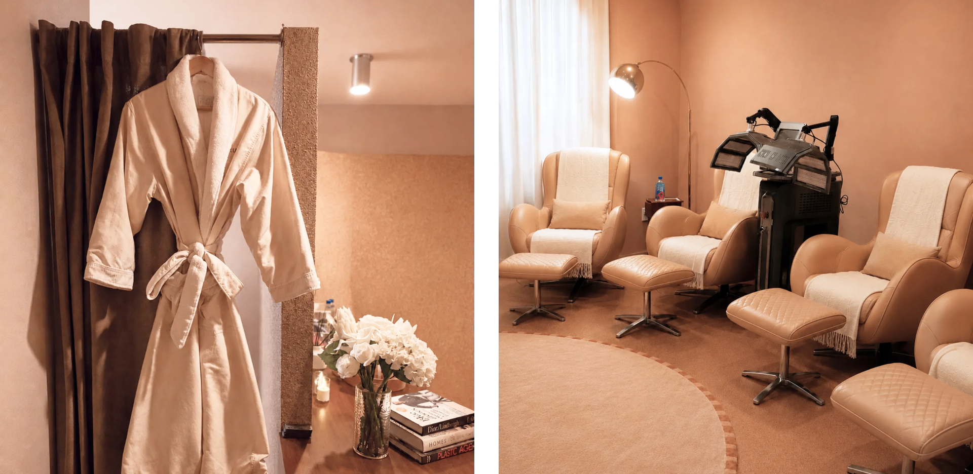Luxury spa robe and treatment chairs with LED therapy equipment at Zohar